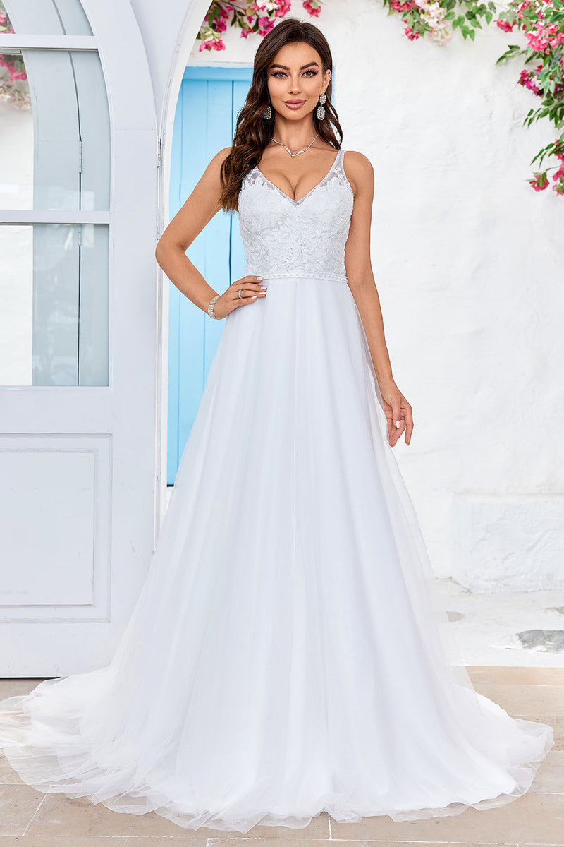 Load image into Gallery viewer, Ivory V-Neck Tulle Sweep Train A Line Wedding Dress with Lace