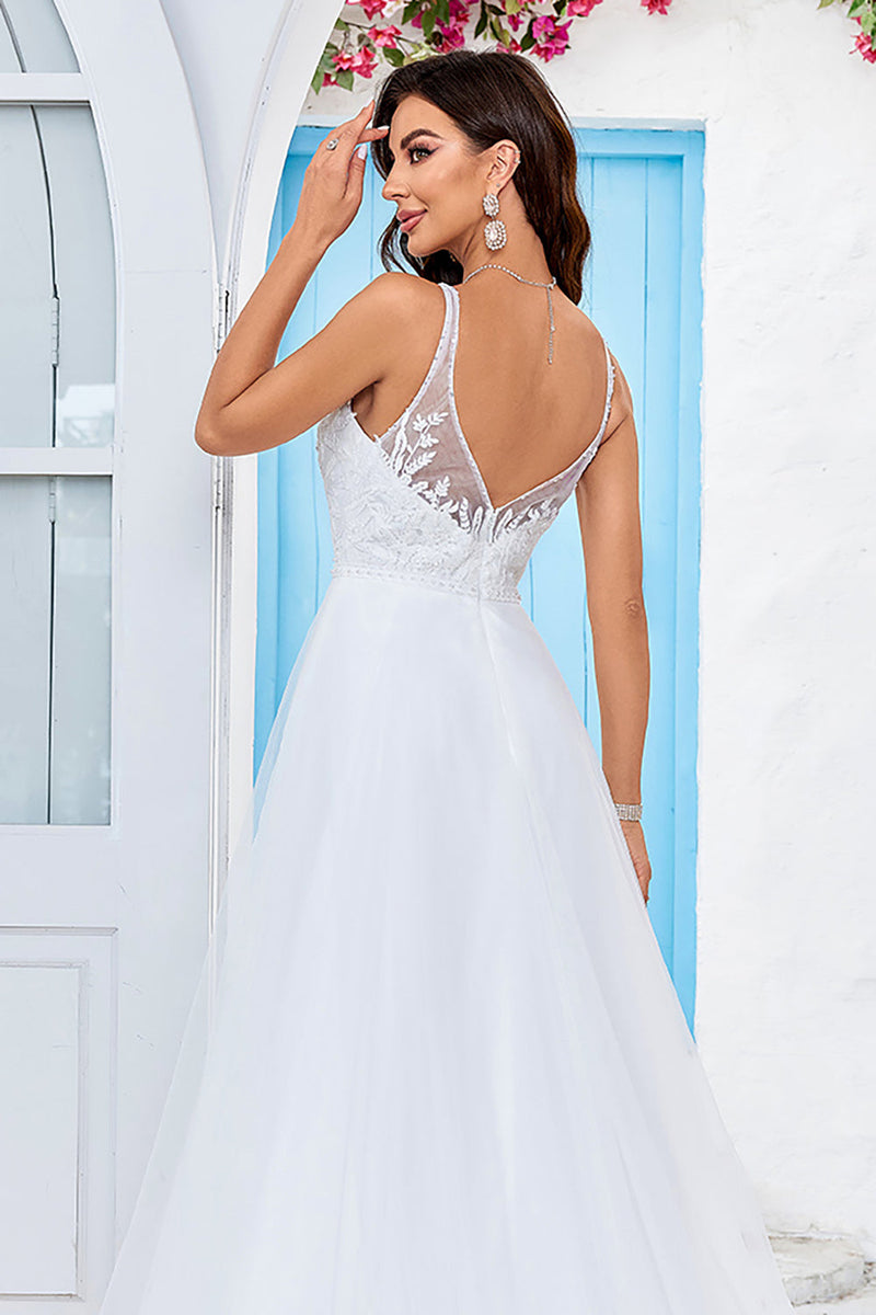 Load image into Gallery viewer, Ivory V-Neck Tulle Sweep Train A Line Wedding Dress with Lace