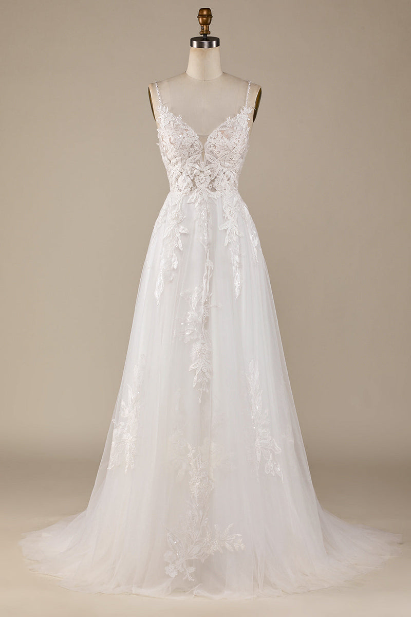 Load image into Gallery viewer, Ivory A-Line Tulle Criss-Cross Straps Back Wedding Dress