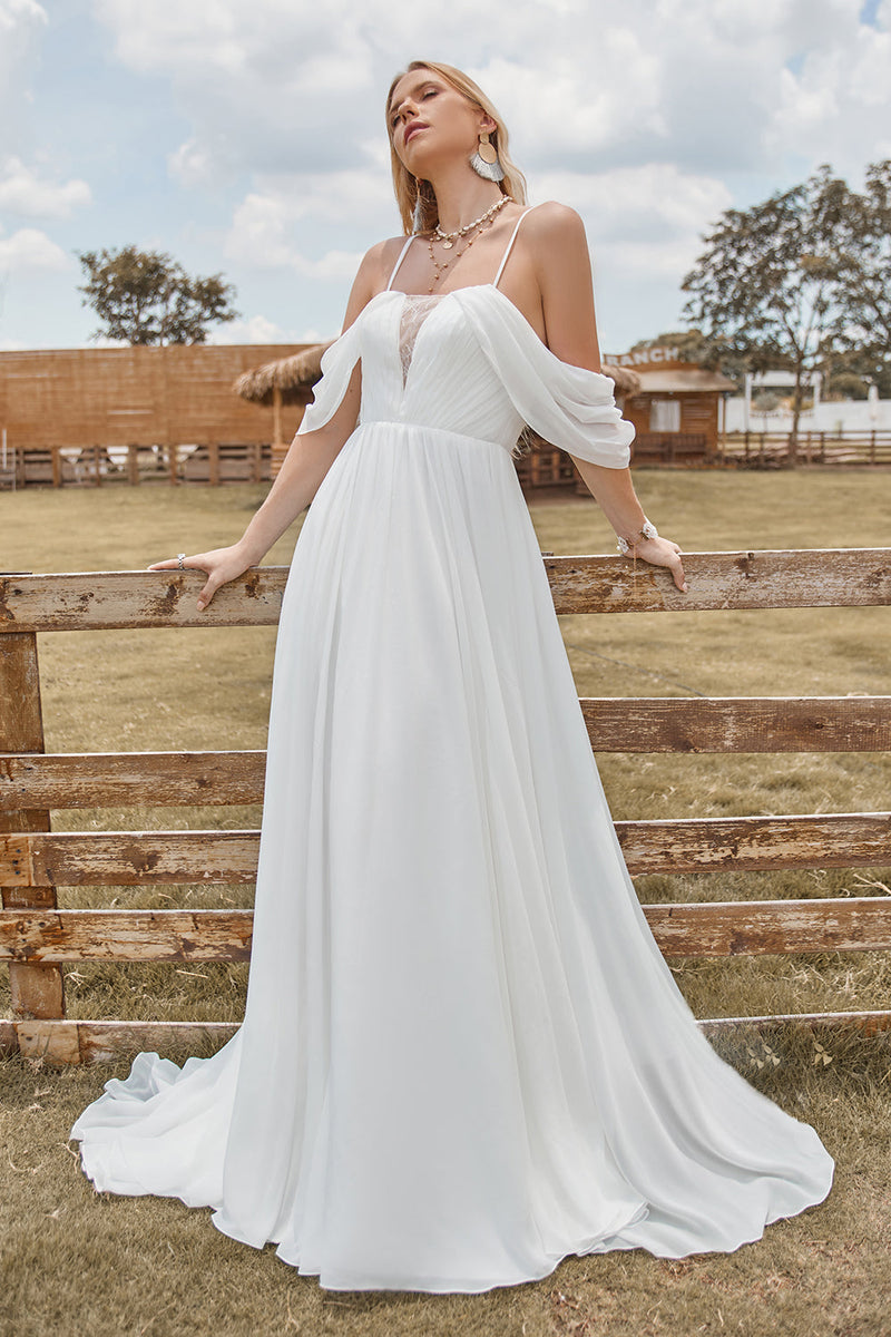 Load image into Gallery viewer, Off The Shoulder Ivory Boho Chiffon Ruched A Line Wedding Dress