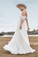 Load image into Gallery viewer, Off The Shoulder Ivory Boho Chiffon Ruched A Line Wedding Dress