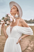 Load image into Gallery viewer, Off The Shoulder Ivory Boho Chiffon Ruched A Line Wedding Dress