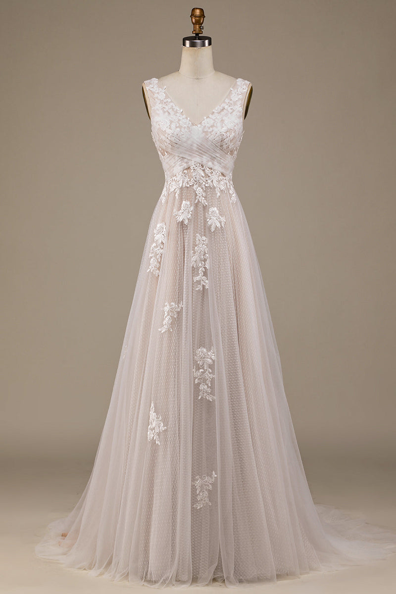 Load image into Gallery viewer, Apricot Tulle Sweep Train Wedding Dress with Lace