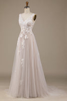 Load image into Gallery viewer, Apricot Tulle Sweep Train Wedding Dress with Lace