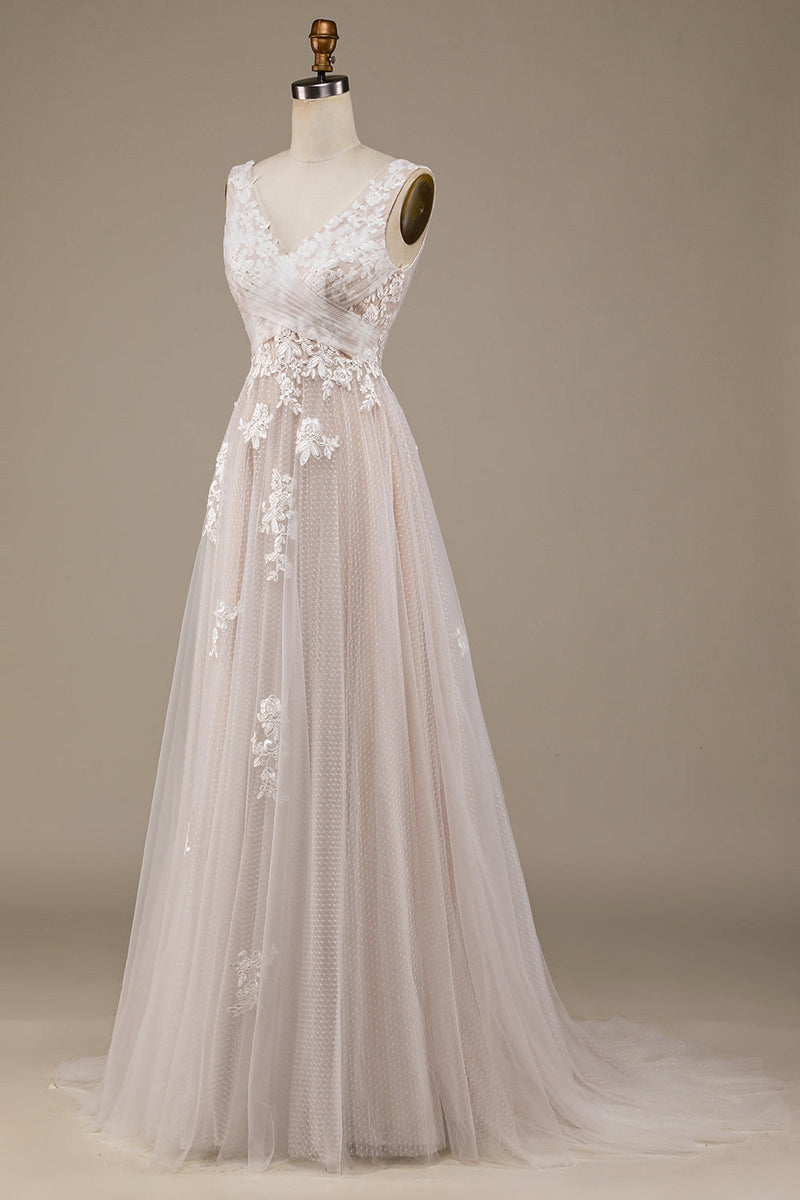 Load image into Gallery viewer, Apricot Tulle Sweep Train Wedding Dress with Lace