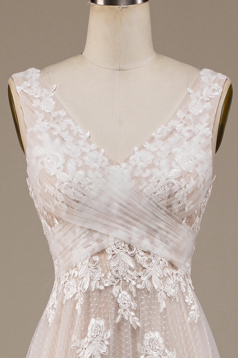 Load image into Gallery viewer, Apricot Tulle Sweep Train Wedding Dress with Lace