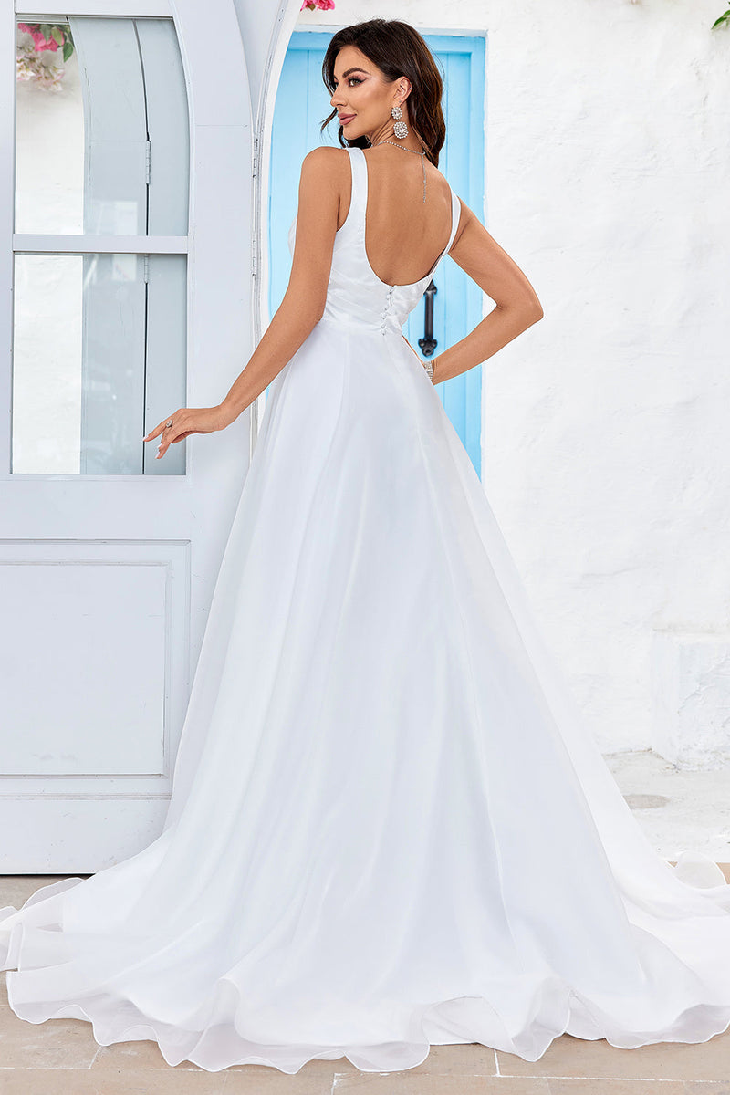 Load image into Gallery viewer, Simple Ivory Organza Scoop Neck Sweep Train A Line Wedding Dress