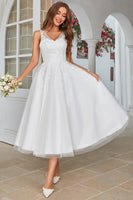 Load image into Gallery viewer, White Mid-Calf Tulle Wedding Dress with Lace