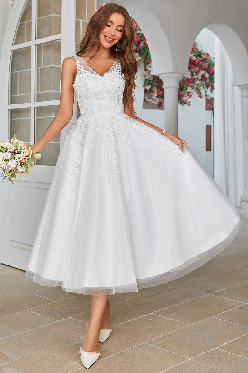 Load image into Gallery viewer, White Mid-Calf Tulle Wedding Dress with Lace