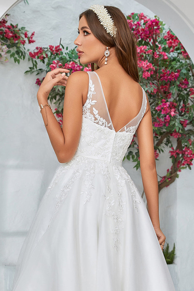 Load image into Gallery viewer, White Mid-Calf Tulle Wedding Dress with Lace
