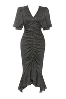 Load image into Gallery viewer, Black Bodycon V Neck Polka Dot Ruched Formal Dress with Puff Sleeves