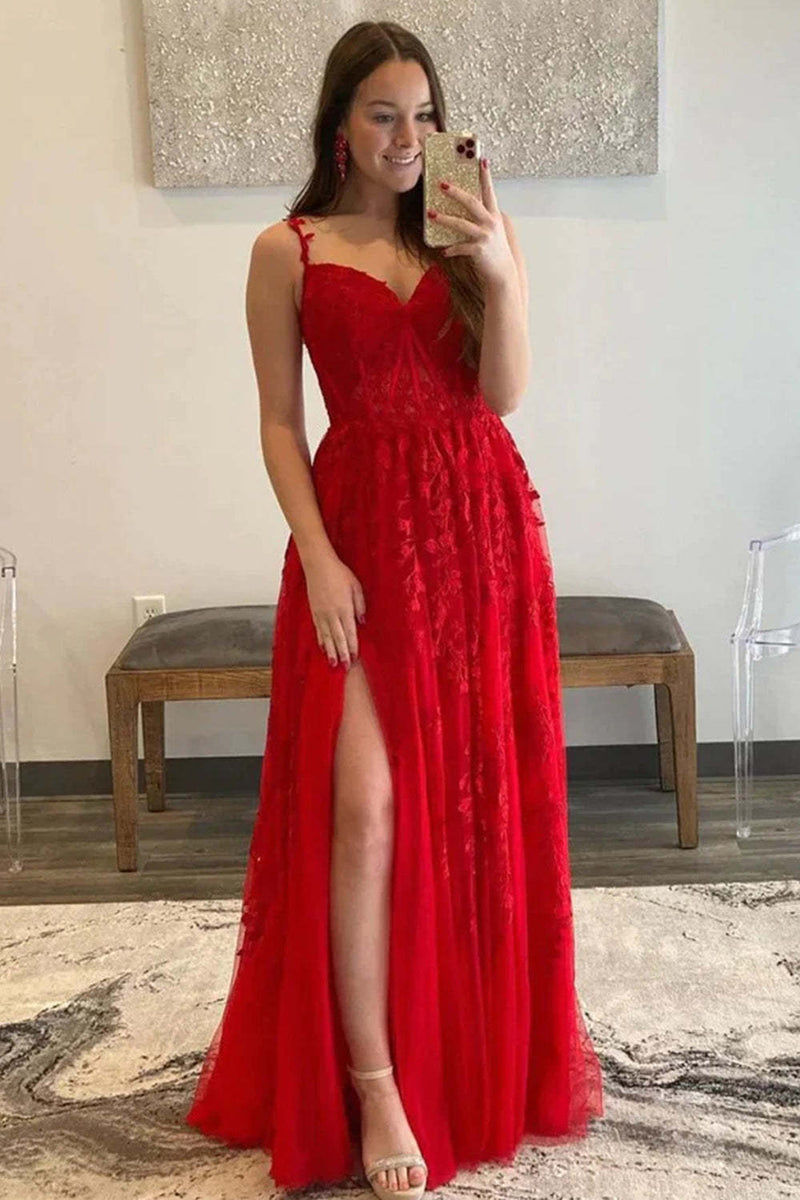 Load image into Gallery viewer, Navy A-Line Spaghetti Straps Tulle Prom Dress with Appliques