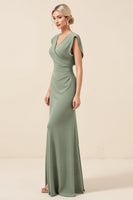 Load image into Gallery viewer, Chiffon V Neck Long Eucalyptus Bridesmaid Dress With Slit