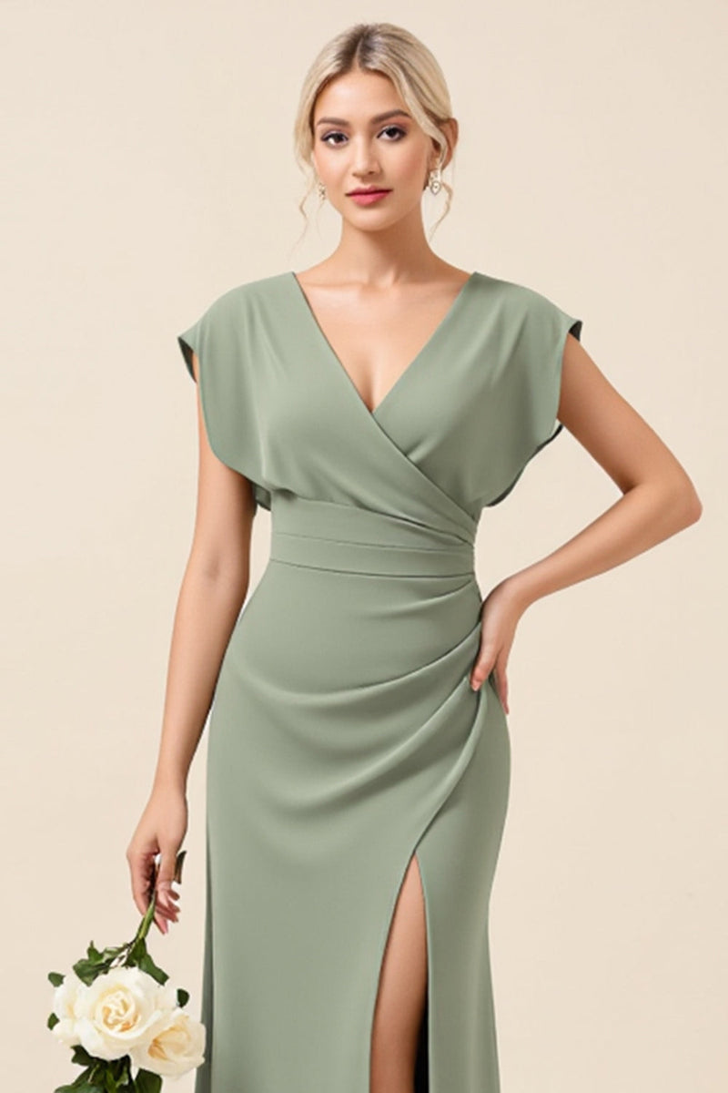 Load image into Gallery viewer, Chiffon V Neck Long Eucalyptus Bridesmaid Dress With Slit