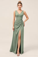Load image into Gallery viewer, Eucalyptus V Neck Sheath Ruched Long Bridesmaid Dress with Slit