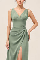 Load image into Gallery viewer, Eucalyptus V Neck Sheath Ruched Long Bridesmaid Dress with Slit
