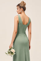 Load image into Gallery viewer, Eucalyptus V Neck Sheath Ruched Long Bridesmaid Dress with Slit