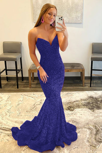 Royal Blue Sequin Mermaid Strapless Prom Dress