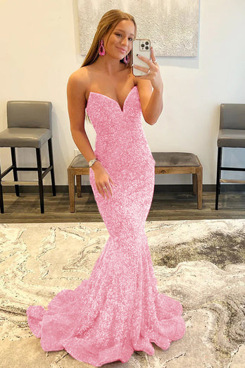 Royal Blue Sequin Mermaid Strapless Prom Dress