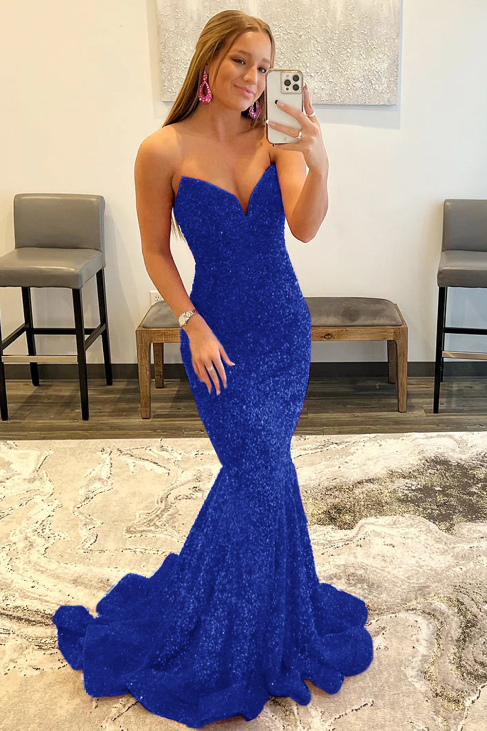 Royal Blue Sequin Mermaid Strapless Prom Dress