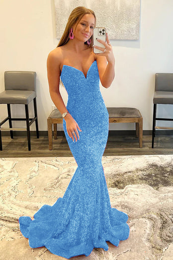 Royal Blue Sequin Mermaid Strapless Prom Dress
