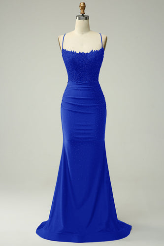 Halter Royal Blue Mermaid Prom Dress with Beading