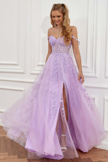 Navy A-Line Spaghetti Straps Tulle Prom Dress with Appliques