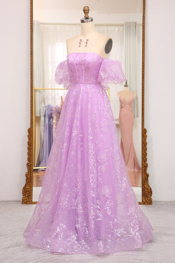 Lilac A Line Off The Shoulder Long Corset Prom Dress
