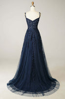 Load image into Gallery viewer, Navy Tulle Princess Prom Dress with Appliques
