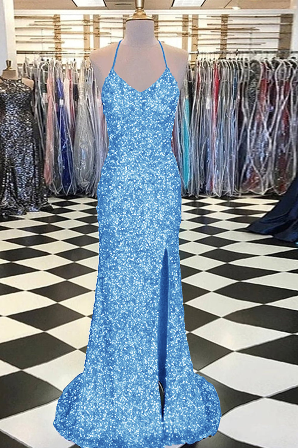 Sky Blue Spaghetti Straps Sequins Mermaid Long Prom Dress