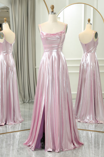 Pink A Line Spaghetti Straps Long Prom Dress with Slit