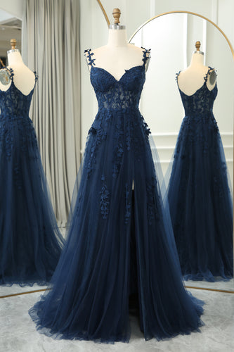 Navy A-Line Spaghetti Straps Tulle Princess Prom Dress with Appliques