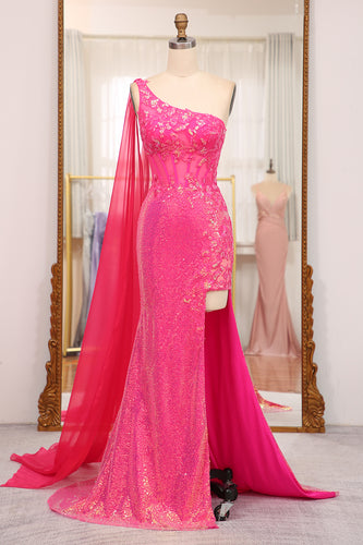 Mermaid Fuchsia Sequin One Shoulder Corset Long Prom Dress with Slit