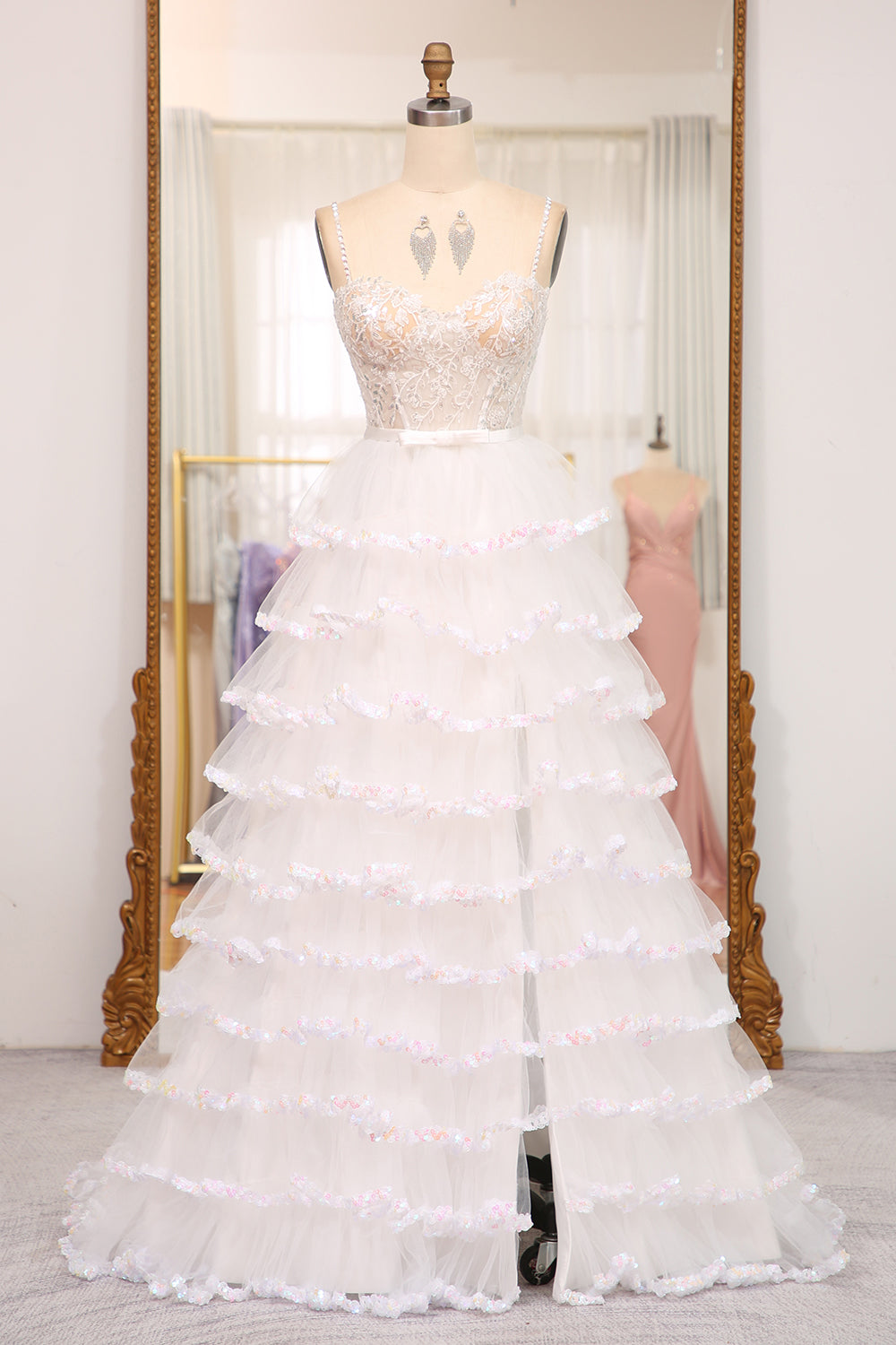 A-line White Spaghetti Straps Tulle Tiered Corset Prom Dress with Slit