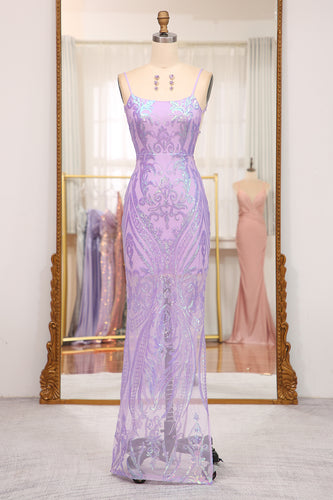 Lilac Mermaid Spaghetti Straps Backless Long Prom Dress With Sequin
