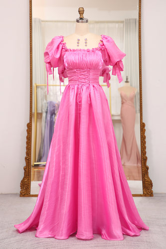 A Line Fuchsia Square Neck Long Prom Dress
