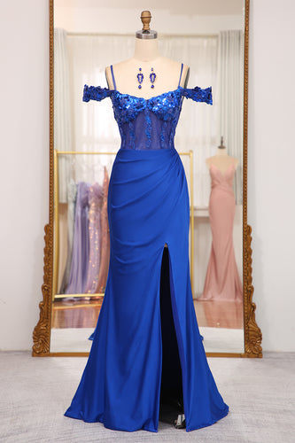 Sparkly Mermaid Royal Blue Off The Shoulder Long Prom Dress With Appliques