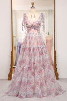Load image into Gallery viewer, A Line Pink Floral Print Adjustable Straps Long Prom Dress