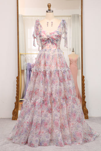 A Line Pink Floral Print Adjustable Straps Long Prom Dress