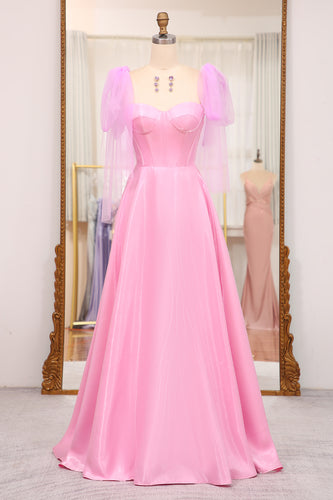 Pink A Line Spaghetti Straps Long Corset Prom Dress