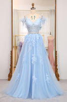 Load image into Gallery viewer, Light Blue A-line Tulle Corset Prom Dress with Appliques
