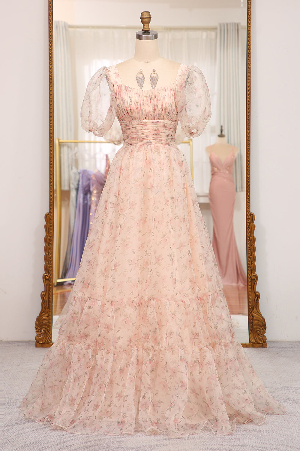 A-Line Champagne Printed Square Neck Long Prom Dress