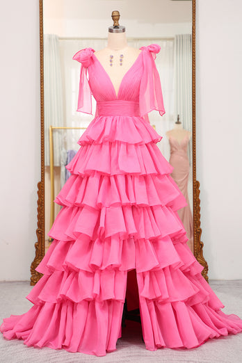 A Line Hot Pink V Neck Long Tiered Prom Dress with Slit
