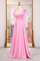 Load image into Gallery viewer, Pink A Line Spaghetti Straps Long Corset Prom Dress