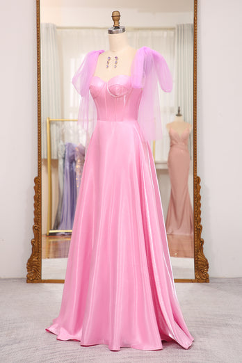 Pink A Line Spaghetti Straps Long Corset Prom Dress
