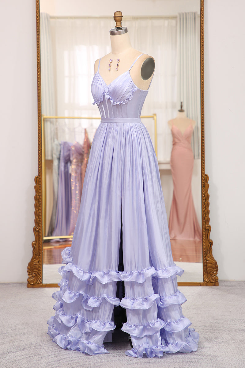 Load image into Gallery viewer, A-Line Lavender Spaghetti Strap Long Prom Dress with Slit