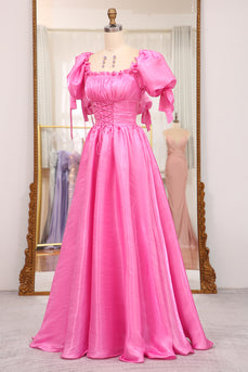 A Line Fuchsia Square Neck Long Prom Dress