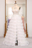 Load image into Gallery viewer, A-line White Spaghetti Straps Tulle Tiered Corset Prom Dress with Slit
