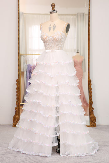A-line White Spaghetti Straps Tulle Tiered Corset Prom Dress with Slit