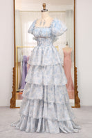 Load image into Gallery viewer, Light Blue Printed A Line Square Neck Long Tiered Prom Dress